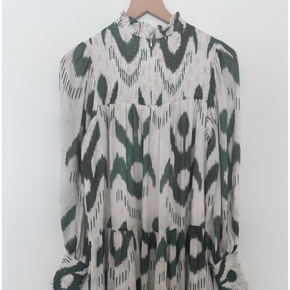 Oliphant Smocked Neck Mini Dress in Chitka Forest Green Cream Balloon Sleeve - Picture 8 of 12